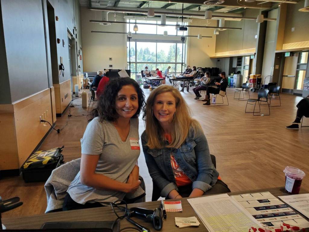 Pictured at the blood drive are Sharon Walia, left, 2021-2022 MIPA president, and Ashley Hay, MIPA volunteer. Photo courtesy of MIPA