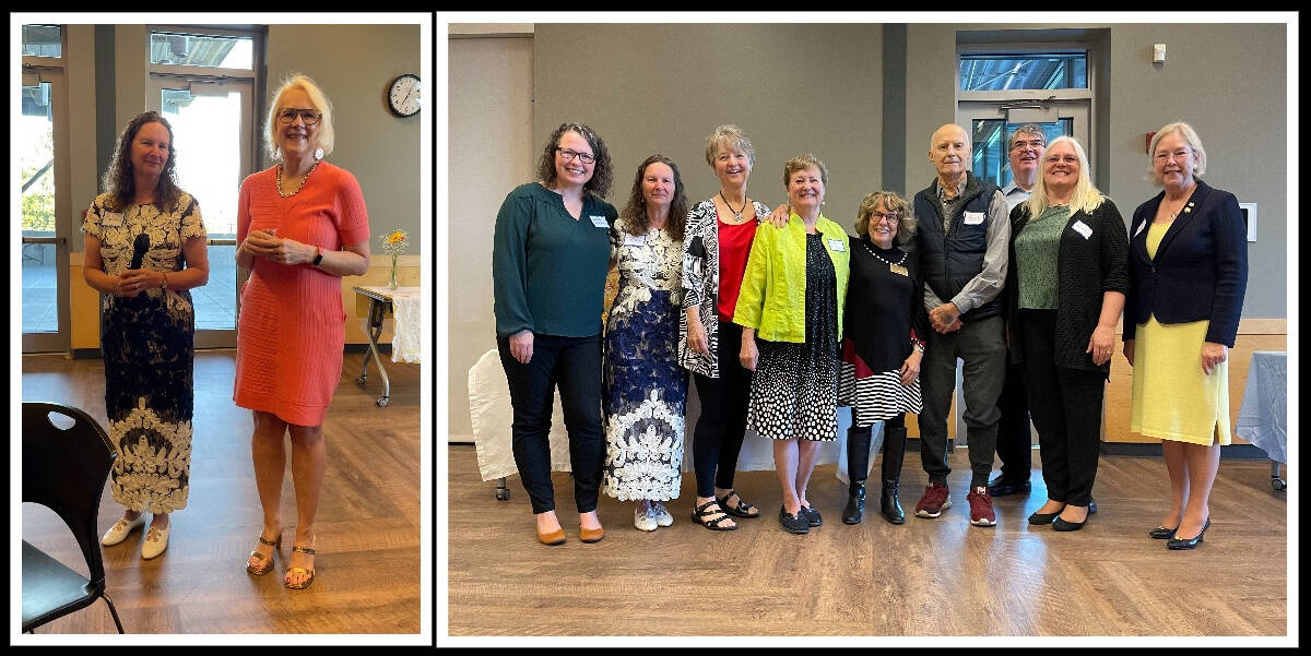 Rotary Club of Mercer Island past president Jenny McCloskey, left, and new President Debbi Gillotti. Courtesy of the Rotary Club of Mercer Island
Nine Rotary Club of Mercer Island past presidents welcome the 2022-2023 President Debbi Gillotti. They are, from left, Claudina Campbell, Jenny McCloskey, Pat Turner, Judy Clibborn, Nancy Lee, Bob Lewis, Craig Palm, Becca Palm and Linda Senff. Courtesy of the Rotary Club of Mercer Island