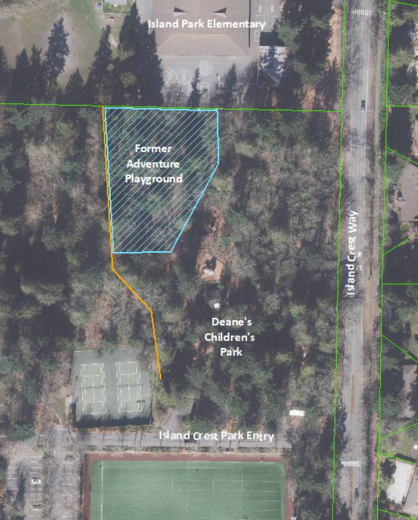 An aerial map of where the new Bike Skills Area is proposed to be located at the former Adventure Playground portion of Deanes Childrens Park. Graphic courtesy of the city of Mercer Island