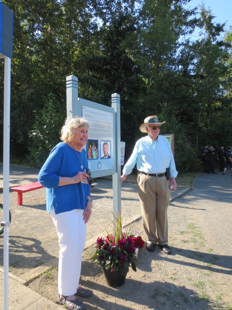 Lori and Gary Robinson attend the re-dedication ceremony of the Mercer Island skate park in honor of their son, Kirk, on July 28 at Mercerdale Park. It is now named Kirk Robinson Skate Park. Kirk passed away on Oct. 4, 2019, at the age of 42 from stage four metastatic melanoma. Photo courtesy of Joy Matsuura