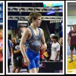 From left to right: Mercer Island High Schools Lincoln Woods and Gordon Gibson at the US National High School Wrestling Championships in Fargo, North Dakota; and Max Martin, Chase Warnick, coach Bo Nickal, Gibson, Jordan Benitez and Woods at Nickals clinic. Courtesy photos