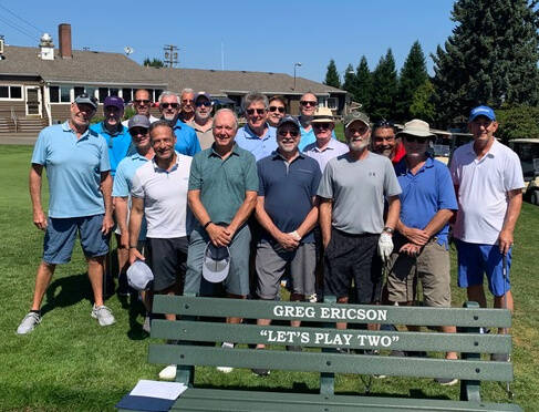 Members of the Mercer Island High School Class of 1972 gather for the Kiss the Rock golf tournament on Aug. 25 at West Seattle Golf Course to kick off the events for their 50th high school reunion. They are: Craig Mitchell, Steve Young, Brad Brewster, Bob Cohon, Phil Menashe, Cary Jenkins, Brad Hillard (Class of 71), Mark Saffle, Gary Bennett, Bill Sheard, Dan Walton, Carl Vonder Haar, Kevin Kerstiens, David Schirmer, Gerry Scalzo, Paul Cunnington, Bill Garrett and Rob Kraft. In the third-ever tournament, which was played with two-man scramble rules, they determined in the interest of fun that the third lowest scorer would take the trophy home and assume/organize the defense of the cup the following year. Courtesy photo