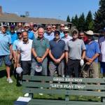 Members of the Mercer Island High School Class of 1972 gather for the Kiss the Rock golf tournament on Aug. 25 at West Seattle Golf Course to kick off the events for their 50th high school reunion. They are: Craig Mitchell, Steve Young, Brad Brewster, Bob Cohon, Phil Menashe, Cary Jenkins, Brad Hillard (Class of 71), Mark Saffle, Gary Bennett, Bill Sheard, Dan Walton, Carl Vonder Haar, Kevin Kerstiens, David Schirmer, Gerry Scalzo, Paul Cunnington, Bill Garrett and Rob Kraft. In the third-ever tournament, which was played with two-man scramble rules, they determined in the interest of fun that the third lowest scorer would take the trophy home and assume/organize the defense of the cup the following year. Courtesy photo