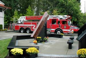 A 10-foot steel beam from the wreckage of the World Trade Center in New York is part of the South King Fire and Rescues memorial honoring the lives lost in the Sept. 11, 2001 terrorist attack. Olivia Sullivan/the Mirror