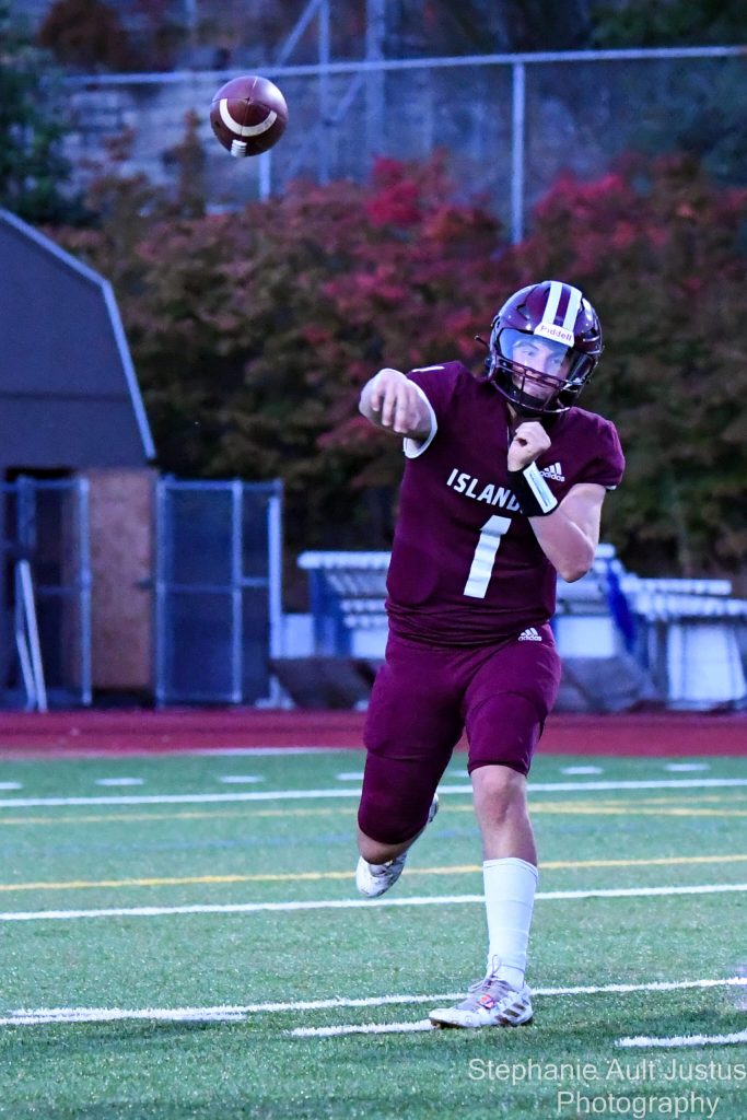 Mercer Island High School quarterback Spencer Kornblum sends a pass up field during the Islanders 3A KingCo home matchup against Bellevue on Sept. 22. Bellevue won, 42-0. The Islanders will next play Hazen at 7 p.m. on Sept. 30 at Renton Memorial Stadium. Photo courtesy of Stephanie Ault Justus