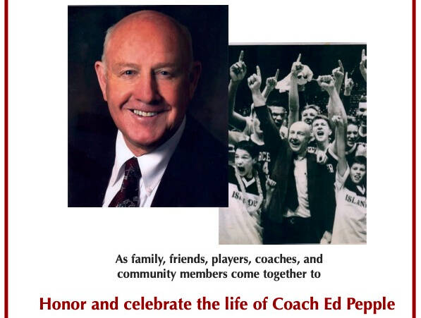 An estimated 300 people gathered to celebrate the life and career of legendary Mercer Island High School boys basketball head coach Ed Pepple on Oct. 1 in the school gymnasium. Pepple passed away from cancer at the age of 88 on Sept. 14, 2020. Attendees at the emotional event  which featured a host of speakers, video recordings and a traditional blackout segment to honor Pepple with the lights turned out  included family members, players, coaches, administrators and fans spanning Pepples entire 42-year Islander coaching career. Organizers handed out attitude pins to people at the door, something Pepple gave to his teams during their preseason retreats to emphasize that attitude is everything. A reception followed at the Island VFW hall and featured copious stories and fond memories exchanged across generations with Pepple family memorabilia on display. Courtesy photos from the event program