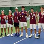 Mercer Island High Schools boys tennis squad won the 3A KingCo tournament championship, which culminated on Oct. 22 at the Edgebrook Club in Bellevue. The Islanders doubles teams swept first, second and third place, and local singles players won second and third place. Pictured are, left to right: Hanri Luo (singles second place), Noah Perlman and Brandon Chew (doubles second place), Connor Leung and Sam Dilworth (doubles first place), Ajay Manhas and Nathan Wen (doubles third place) and Gian Manhas (singles third place). The players will advance to the district tournament in May. Courtesy photo