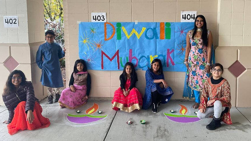 On Oct. 24, Lakeridge Elementary Schools Monica Singh, a grade 4/5 Hi Cap teacher, celebrated Diwali with students Aditi Choudhary, Anisa Velamoor, Raahi Dalal, Mira Prakasam, Arya Hersch and Ananya Tiwari. They drew rangolis, an art form of patterns drawn on the threshold of main entrances to houses and buildings, that represent happiness, positivity, liveliness, wealth and good luck; and they colored diyas, a clay pot that candles can be placed in that represent the triumph of light over dark. Diwali is a Hindu religious festival, also known as the Festival of Lights. Photo courtesy of the Mercer Island School District