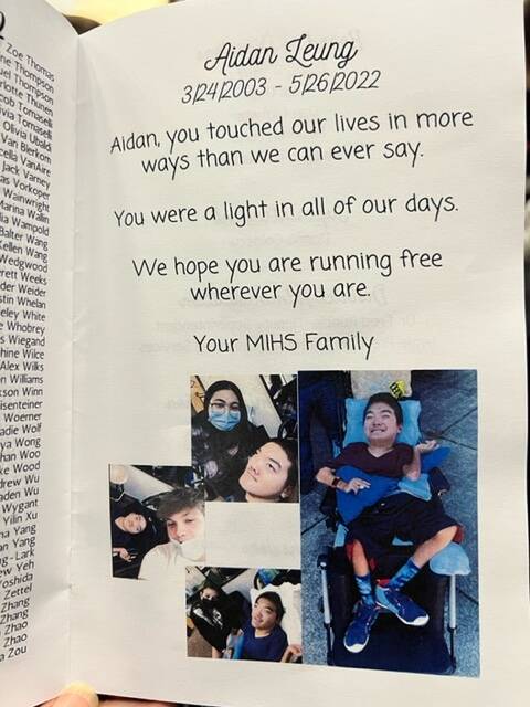 Pictured is a tribute to Aidan Leung in the 2022 Mercer Island High School graduation program. Courtesy photo