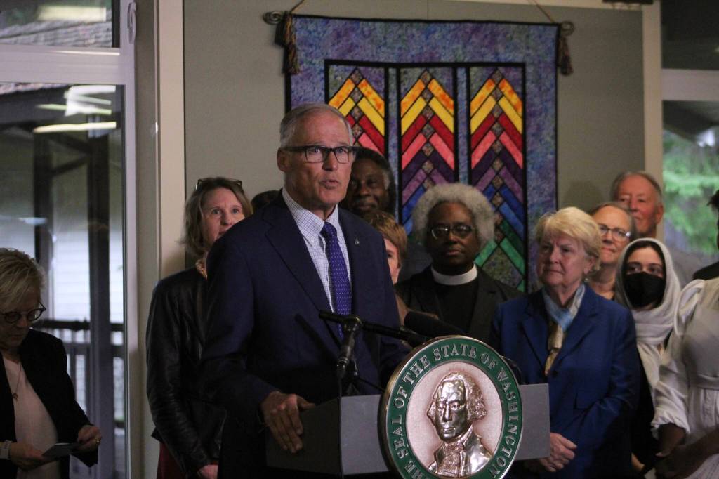 Gov. Jay Inslee speaks about protecting Washingtonians rights to abortion and gender-affirming care at Wayside United Church of Christ in Federal Way on Oct. 28 Olivia Sullivan/the Mirror