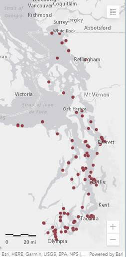 Ghost shrimp sampling stations in Puget Sound. Courtesy of Mugdha Flores.