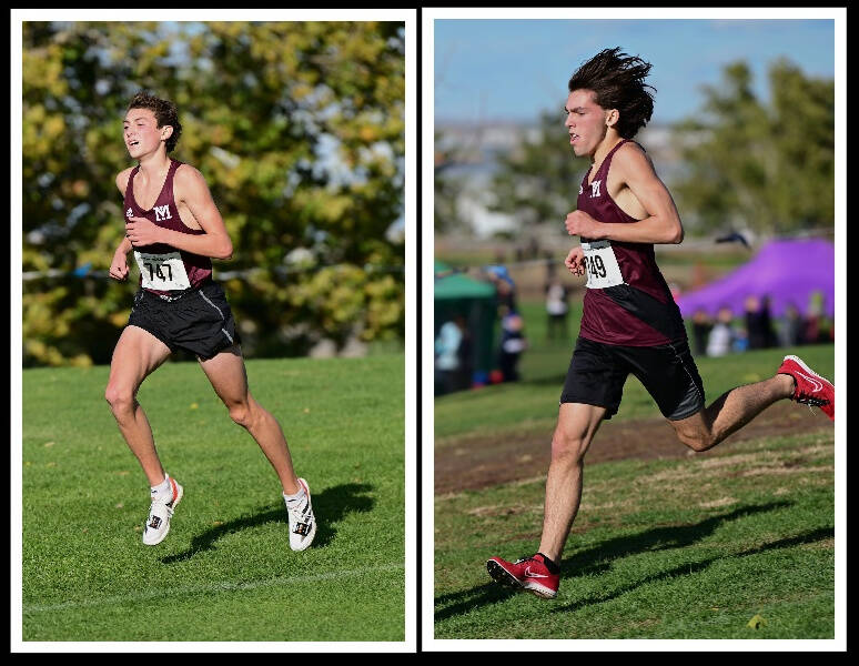 Mercer Island High School sophomore Owen Powell, left, and senior Carson Schiller run on the Sun Willows Golf Course at the 3A state meet on Nov. 5. Photos courtesy of Aaron Koopman