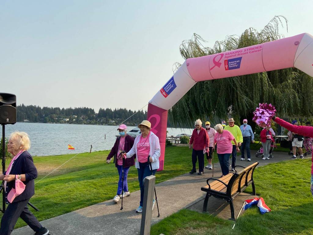 Mercer Island Covenant Living at the Shores residents and employees participated in their recent 8th Annual Making Strides Against Breast Cancer walk in support of the local American Cancer Society. The team started back in 2015 when captain Roxanne Helleren was going through her personal battle with breast cancer. This year, residents raised almost $6,000 to support breast cancer research and programs. Courtesy photo