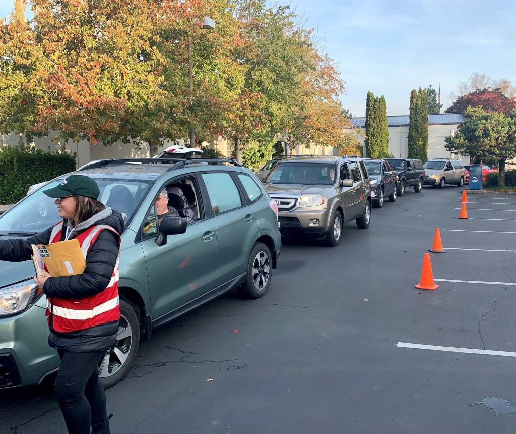 Vehicles line up at the citys annual fall recycling collection event on Oct. 29 in the city hall parking lot. Photo courtesy of the city of Mercer Island