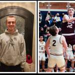 Mercer Island High School boys basketball senior captain Jackson Bredy. Left photo: Suzanne Bredy; action photo: Stephanie Ault Justus.
