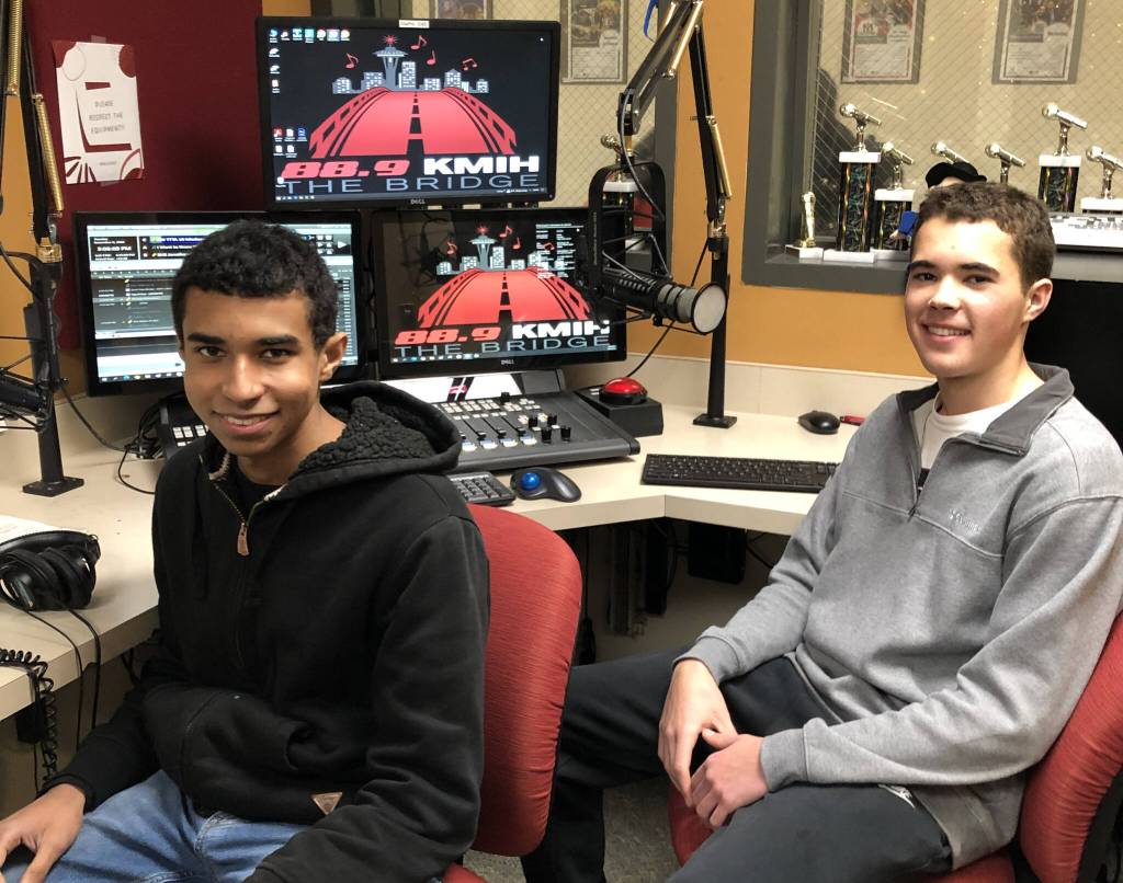 KMIH 88.9 The Bridge seniors Miles Avilez and Gill MacDonald are nominated in multiple categories for Intercollegiate Broadcasting System Golden Microphone Awards. Courtesy photo
