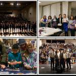 Clockwise from upper left, recent Stroum Jewish Community Center (SJCC) Hanukkah events included: SJCC preschoolers from the SJCCs Early Childhood School performed Hanukkah songs before the Maccabeats concert on Dec. 4 (Photo by Justin Bradford); Rabbi Laura Rumpf (fourth from the right) from the Jewish Studio Project led artists through a Hanukkah art workshop inspired by the theme of light on Dec. 7 (Photo by Sara Schweid); The Maccabeats played three sold-out Hanukkah shows at the SJCC on Dec. 4 (Photo by Justin Bradford); Kids made their own menorahs at the SJCCs Hands on Hanukkah pop-up at Bellevue Botanical Garden DLights on Dec. 17 (Photo by John Shaffer).
