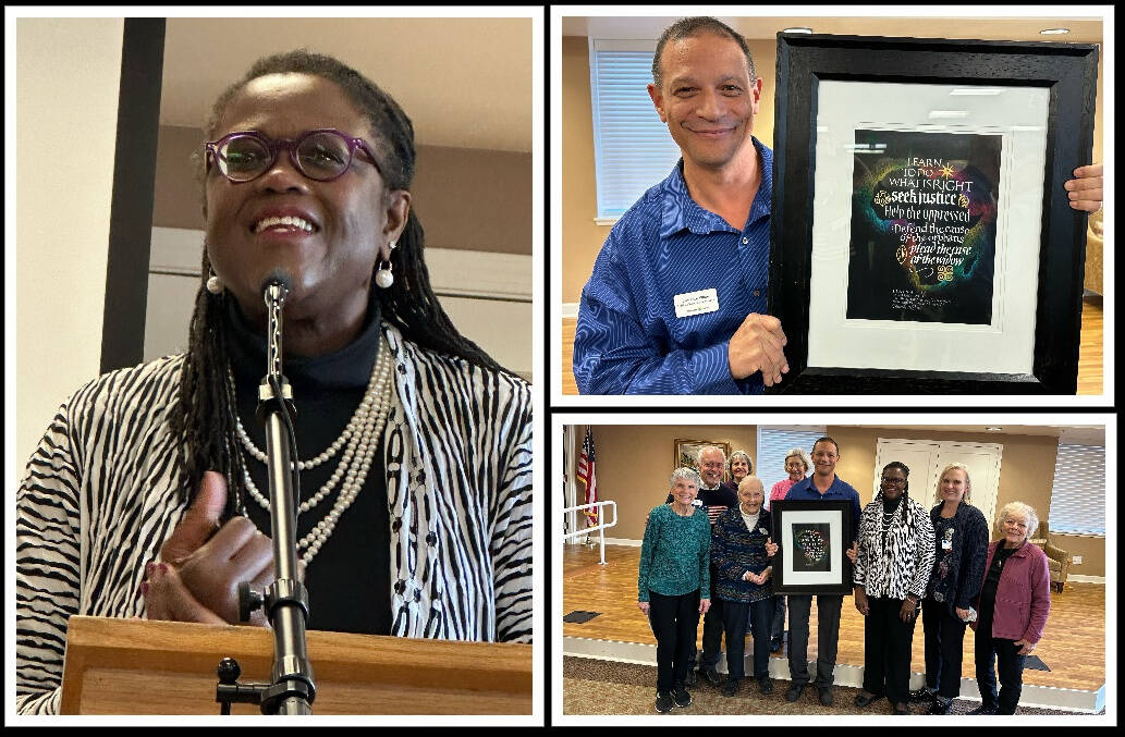 Mercer Islands Covenant Living at the Shores held its 10th annual Martin Luther King Jr. observance on Jan. 16. Residents listened to guest speaker Reverend Dr. Patricia Hunter as she presented a keynote address titled Bending Toward Justice. Dr. Hunter is the interim pastor at Mt. Zion Baptist Church in Seattle. The Spirit of MLK Award was presented to Lawrence White, director of facilities management on campus. A framed personalized print by calligrapher Timothy Botts was presented to White by the Diversity Awareness Partners (DAP), a resident-run organization at the senior living community, to express appreciation for the way he lives out the values of Dr. Kings vision. The MLK observance is sponsored by the DAP each year. Photos courtesy of Covenant Living at the Shores