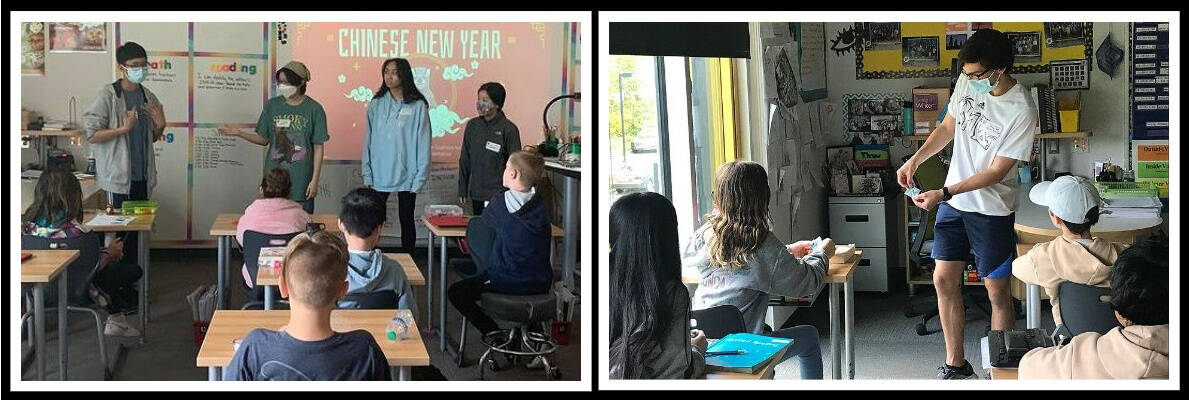 Left, Mercer Island High School Education Coalition for Asian American Representation (ECAAR) members teach Northwood Elementary School students about Chinese New Year and ways to celebrate. Right, A ECAAR member shows Northwood Elementary School students how to make an origami frog. Courtesy photos