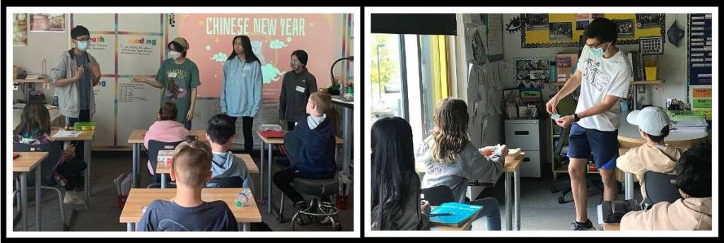 Left, Mercer Island High School Education Coalition for Asian American Representation (ECAAR) members teach Northwood Elementary School students about Chinese New Year and ways to celebrate. Right, A ECAAR member shows Northwood Elementary School students how to make an origami frog. Courtesy photos