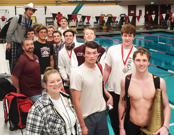 Mercer Island High Schools boys swim and dive team won the 3A KingCo championship meet on Feb. 4 at Newport High School. The Islanders topped the team table with 309 points and received first-place swims from: Matt Williamson (100-yard butterfly, 49.48, and 100-yard backstroke, 52.11), Evan Liu (200-yard freestyle, 1:43.16, and 500-yard freestyle, 4:44.86) and Emmett Ralston (100-yard breaststroke, 57.79). Williamsons fly time is an All-American consideration mark, and Ralston broke the 3A KingCo meet record in the breaststroke. On the diving side, Shane Kornblum placed third. Courtesy photo
