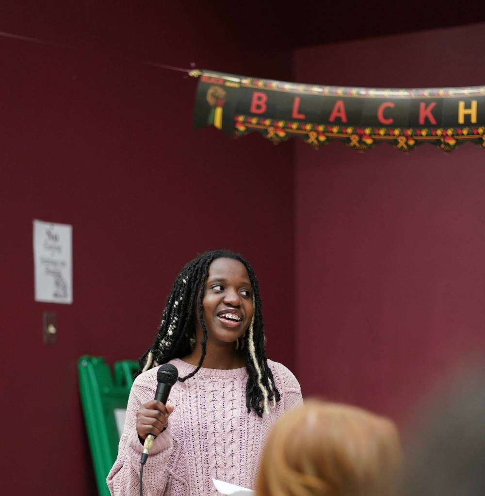 Joy Pearl speaks at the BSU dinner about her positive experience being a part of the BSU community. Photo courtesy of Beniam Yetbarek