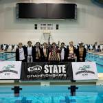 Mercer Island High School seniors, from left to right, David Garton, Jamie Feinstein, Coy Hounsell, Emmett Ralston, Nolan Knievel, Matthew Shield, Matt Williamson and Evan Liu celebrate their teams 3A state swim and dive championship on Feb. 18 at the King County Aquatic Center in Federal Way. Photo courtesy of Lexi Liu