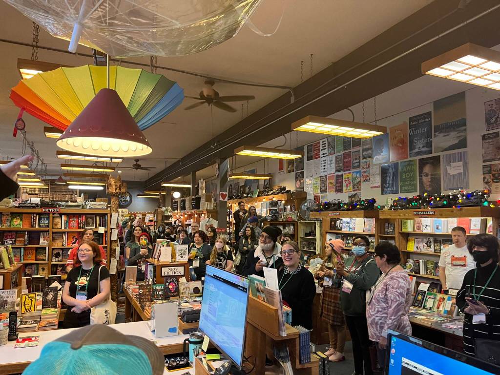 On the morning of Feb. 20, Island Books hosted 55 booksellers from around the United States who were attending the American Booksellers Associations Winter Institute conference in Seattle. Island Books, which is heading into its 50th anniversary, was asked to be the first stop on the Eastside tour. Mayor Salim Nice, Deputy Mayor David Rosenbaum, councilmember Jake Jacobson and Jen Dean, executive director of the Mercer Island Chamber of Commerce, greeted the sellers during their 45-minute shopping visit. Courtesy photo