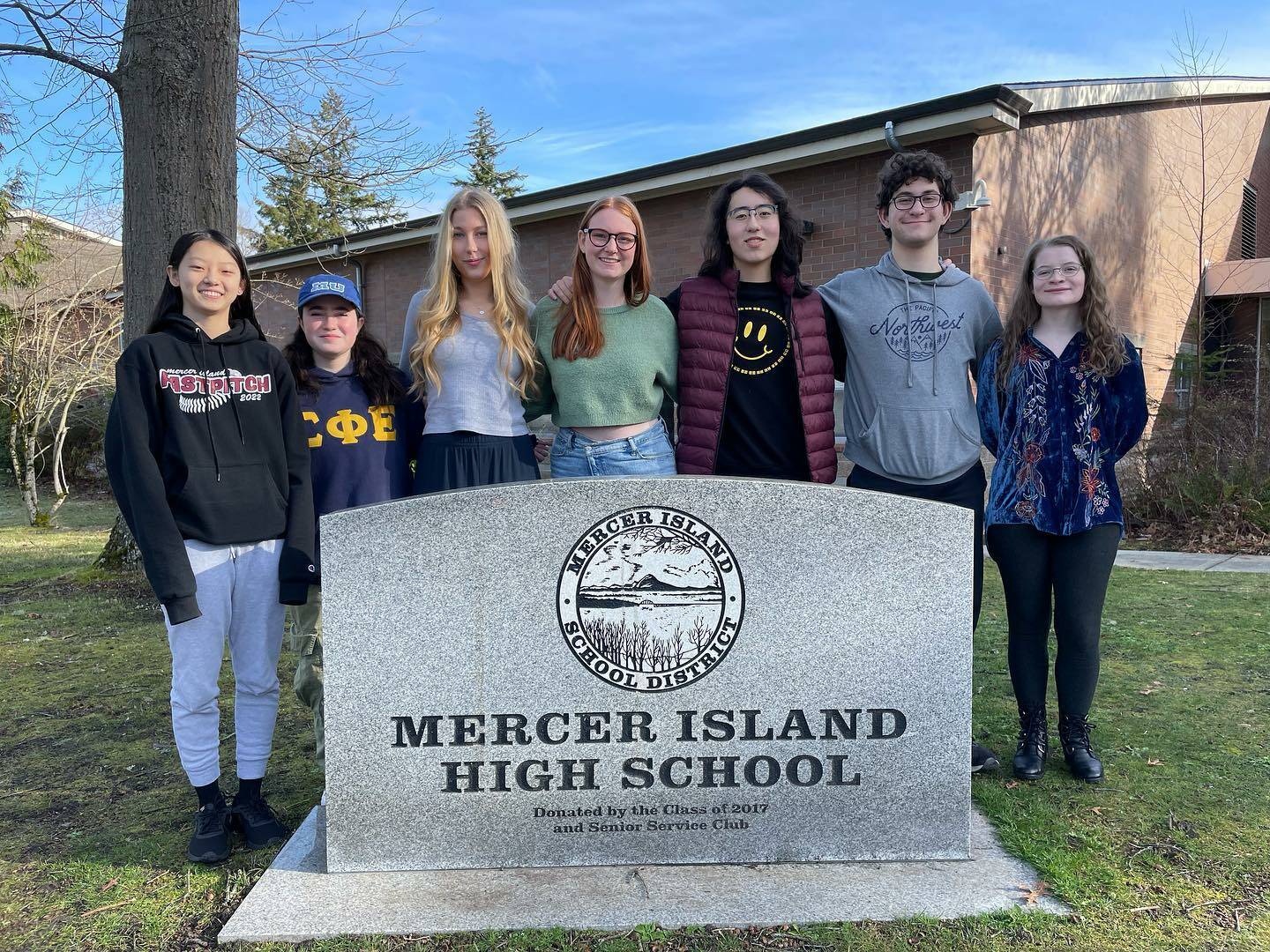 Mercer Island High School students, from left to right, Tong Lin, Samara Bluming, Charlotte Wood, Rachel Senn, Eliot Geer, Miles Silverman and Emily Horton King have been named 2023 National Merit finalists. In other school news, Islander Middle School seventh-graders in Patri Collins social studies class recently facilitated the collection of $919 from their fellow classmates for the Red Cross for Turkey-Syria Earthquake Relief. Collins dropped off the relief to Emily Kohler at the Northwest Region Red Cross. Photo courtesy of the Mercer Island School District