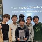 Islander Middle School robotics Team 98040C  featuring seventh-graders Harry Nguyen, Henry Xing, Kenan Khitib, Brian Kwon, Zevi Danielli and Jeremy Leung  finished in the top six at the 31-team 2023 Washington VRC Middle School Regional Championship State on March 4 at Lake Washington High School and have been invited to the 2023 VEX Robotics World Championship in Dallas, Texas, in April. The students formed their team last summer. Photo courtesy of the Mercer Island School District