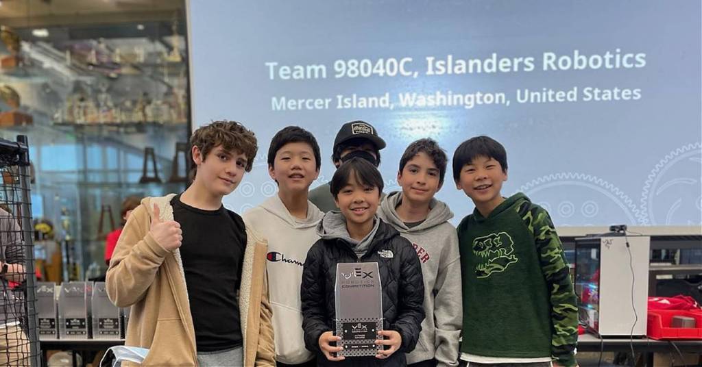 Islander Middle School robotics Team 98040C  featuring seventh-graders Harry Nguyen, Henry Xing, Kenan Khitib, Brian Kwon, Zevi Danielli and Jeremy Leung  finished in the top six at the 31-team 2023 Washington VRC Middle School Regional Championship State on March 4 at Lake Washington High School and have been invited to the 2023 VEX Robotics World Championship in Dallas, Texas, in April. The students formed their team last summer. Photo courtesy of the Mercer Island School District