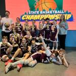 Fifth-grade girls state champs: Back row (standing): Coach Tony Locascio, Julia Gribble, Marlowe Eskridge, Claire Oberto, Maija McCune, Chloe Chen, Elsie Pierce and assistant coach Grace Shaddle; Floor: Margaret Shea, Aylwen Battersby, Sydney Munson, Lana Cuneo, Paige Anderson, Sophia Clark and Mackenzie Helman. Courtesy photo