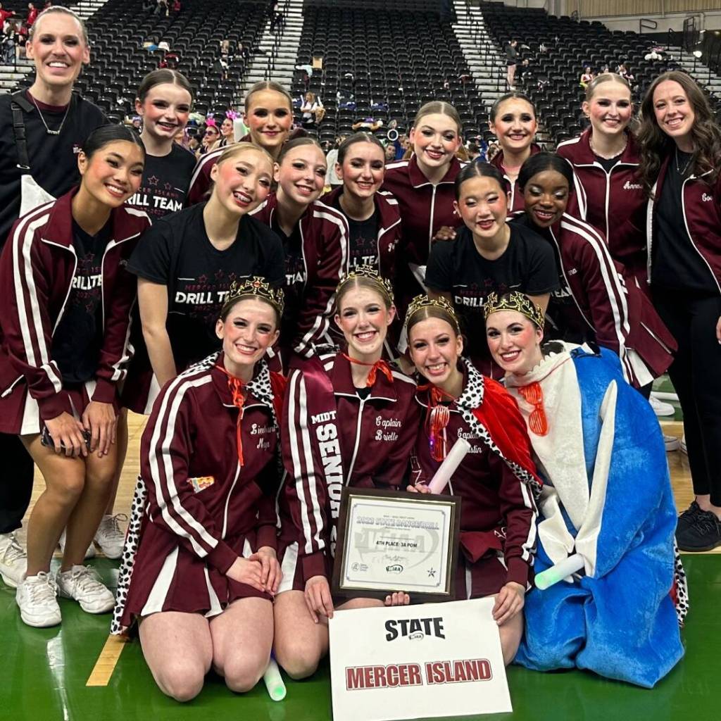 Mercer Island High Schools drill team took fourth place out of 19 routines competing in the 3A pom category for the first year on March 24 at the state competition at the Yakima Valley SunDome. The team also place fifth in the military division. Our hard work has paid off and we couldnt be happier or more proud of each other, reads an Instagram post. Photo courtesy of the Mercer Island School District