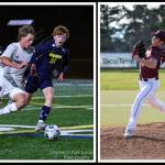 Pictured, at left, are Mercer Island High Schools Woody Brown (19) and Bellevue High Schools Will OHara (16) during the Islanders recent 5-1 boys soccer victory; and Islanders starting pitcher Jack Beebe during a recent 10-4 baseball win over Bellevue. Photos courtesy of Stephanie Ault Justus