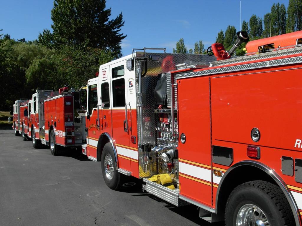 Mercer Island Fire Department trucks are all lined up. Photo from the Mercer Island Fire Department Facebook page