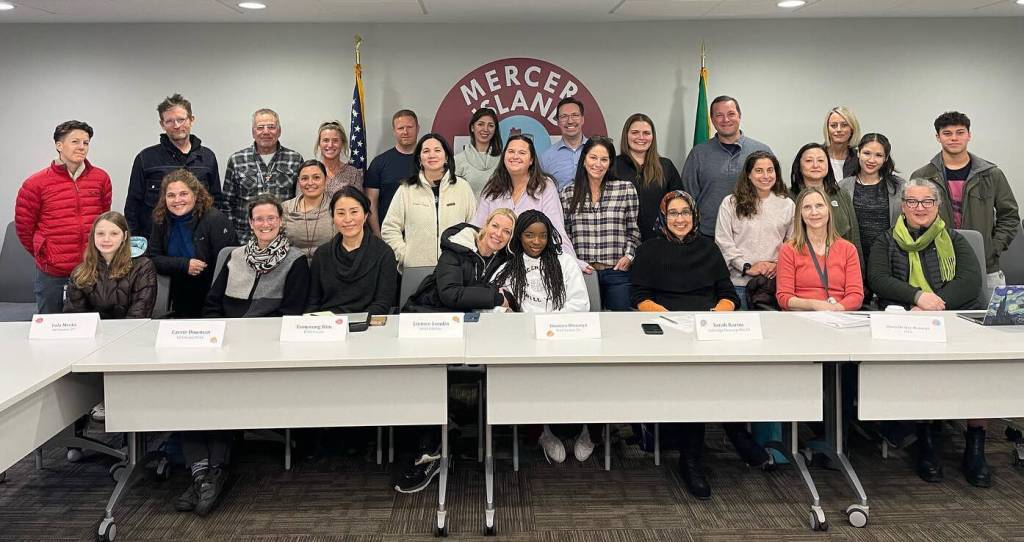 Mercer Island School Districts Superintendent Equity Advisory Council, which includes three students: Islander Middle School sixth-grader Lola Meeks (bottom left), Mercer Island High School junior Diego Silva (second row right) and Mercer Island High School freshman Omolara Olusanya (front row center, fourth from right). Photo courtesy of the Mercer Island School District