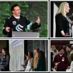 Clockwise from upper left: Mercer Island School District Superintendent Fred Rundle; Mercer Island School District Pathfinder Award recipient Joan Vetto Papasedero; attendees visiting after the breakfast; and West Mercer Elementary fifth-grade instructor Kirsten Bourke with some of her students during the We Can All Be Authors presentation. Staff photos by Andy Nystrom