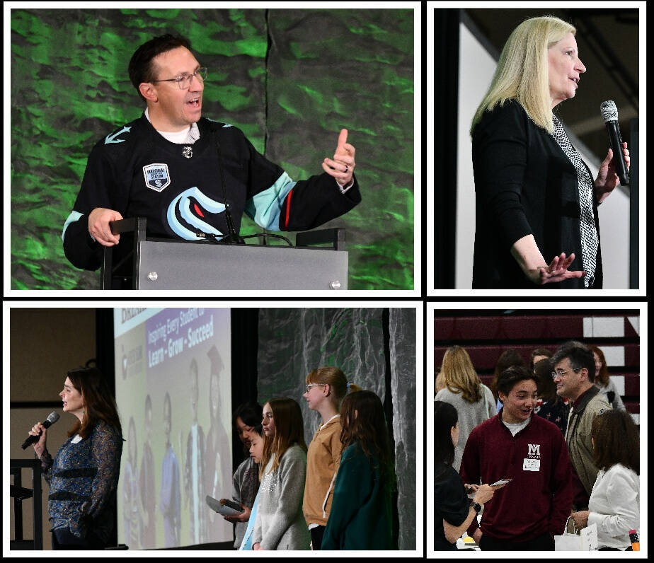 Clockwise from upper left: Mercer Island School District Superintendent Fred Rundle; Mercer Island School District Pathfinder Award recipient Joan Vetto Papasedero; attendees visiting after the breakfast; and West Mercer Elementary fifth-grade instructor Kirsten Bourke with some of her students during the We Can All Be Authors presentation. Staff photos by Andy Nystrom