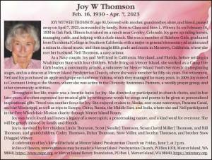 Joy W. Thomson | Obituary