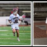 Mercer Island High School senior midfielder Max Hughes, right, competes in a boys lacrosse match. Action photo courtesy of Jim Jantos. Portrait is courtesy of Hughes.