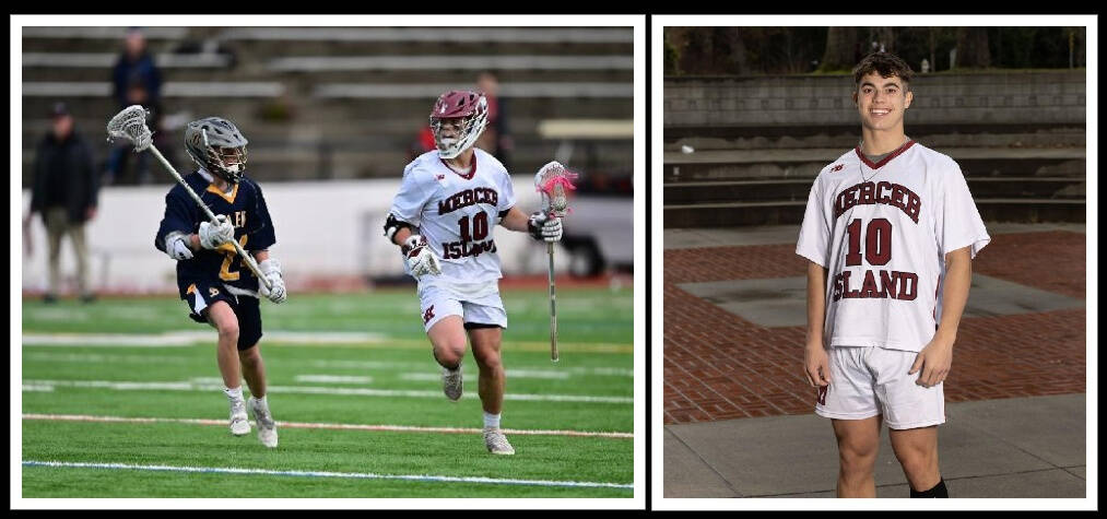 Mercer Island High School senior midfielder Max Hughes, right, competes in a boys lacrosse match. Action photo courtesy of Jim Jantos. Portrait is courtesy of Hughes.