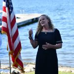 Erin E. Riley Borden passionately speaks about her father, Huston Hu Riley  a lifelong Island resident and U.S. Army veteran in the 1st Infantry Division  during a Riley Cove dedication ceremony on June 6 at Lincoln Landing. Andy Nystrom/ staff photo