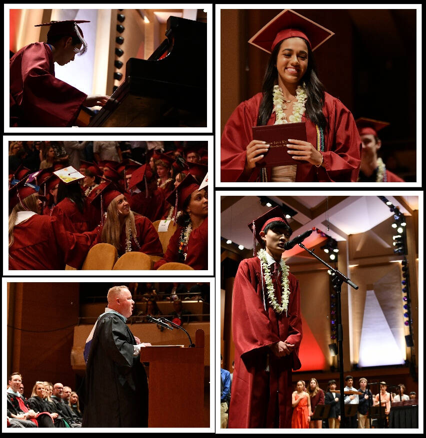 Top left to bottom, Ryan Hsi on piano; Sarah Kann (middle) and fellow graduates; and Principal Nick Wold. Top right to bottom, Jaya Manhas; and Justin Lee singing the National Anthem. Andy Nystrom/ staff photos