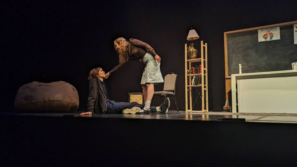 Lydia Mushkatina (right) and Greg Chvany (left) act in Hand to God, which was directed by Mercer Island High School sophomore Kyle Gerstel and performed on June 4 at Seattle Repertorys Bagley Wright Theater. Photo courtesy of Tera Winter