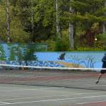 Pickleball players get in some action on the morning of April 27, 2021, at Luther Burbank Park. Carolyn Starr connects with the ball while her partner Tom Krazit covers. Their opponents are Van Rex Gallard, far left, and Tom Robinson. Andy Nystrom/ staff photo