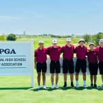 From left to right, Mercer Island High School golfers Elliott Hoang, Spencer Smith, Evan Otte, James Wooje Chung and Wonjoon Seo with coach and adviser Tyson Peters at the 2023 PGA Boys High School Golf National Invitational in Frisco, Texas, in July. Photo courtesy of Jeff Otte