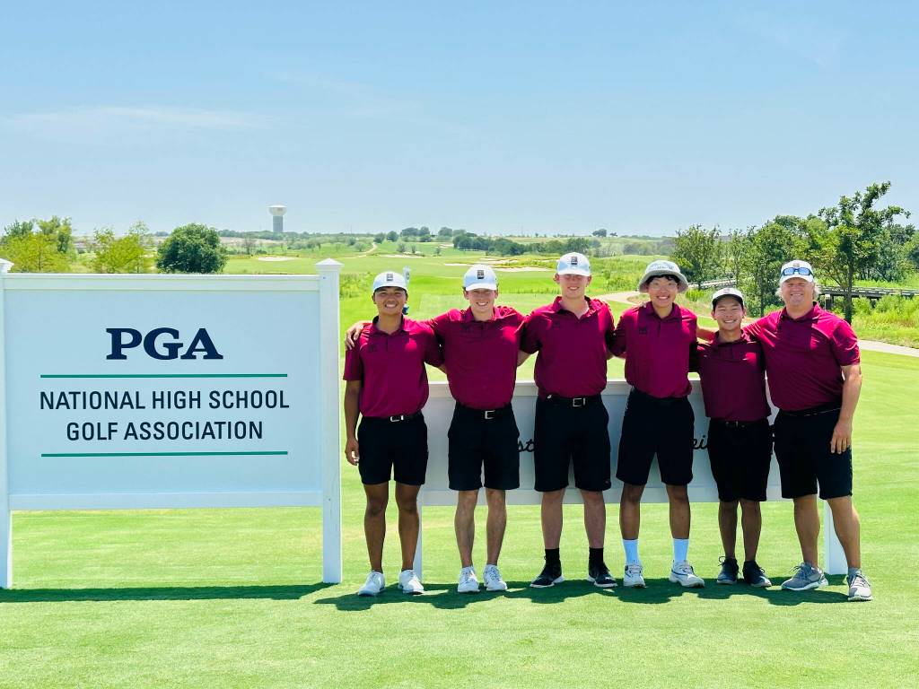 From left to right, Mercer Island High School golfers Elliott Hoang, Spencer Smith, Evan Otte, James Wooje Chung and Wonjoon Seo with coach and adviser Tyson Peters at the 2023 PGA Boys High School Golf National Invitational in Frisco, Texas, in July. Photo courtesy of Jeff Otte