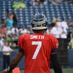 Seahawks QB Geno Smith looks at fans before the mock game. (Photos by Ben Ray / Sound Publishing)