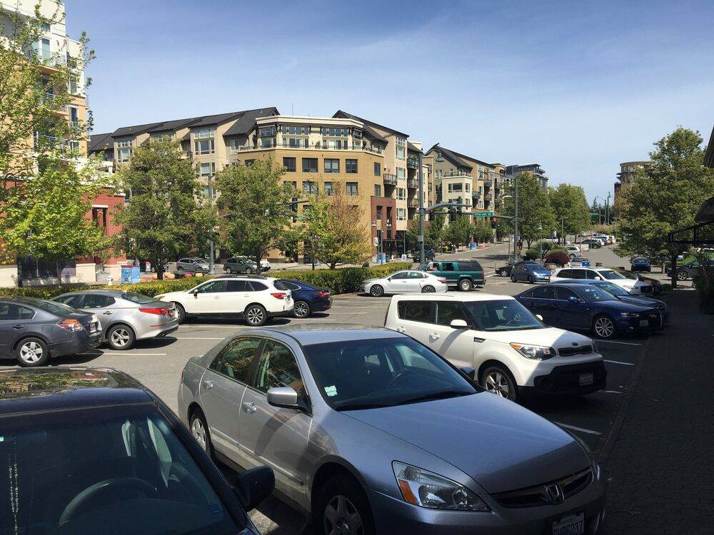 A bevy of cars are parked in Tabit Village Square in Mercer Islands Town Center. Photo courtesy of the city of Mercer Island