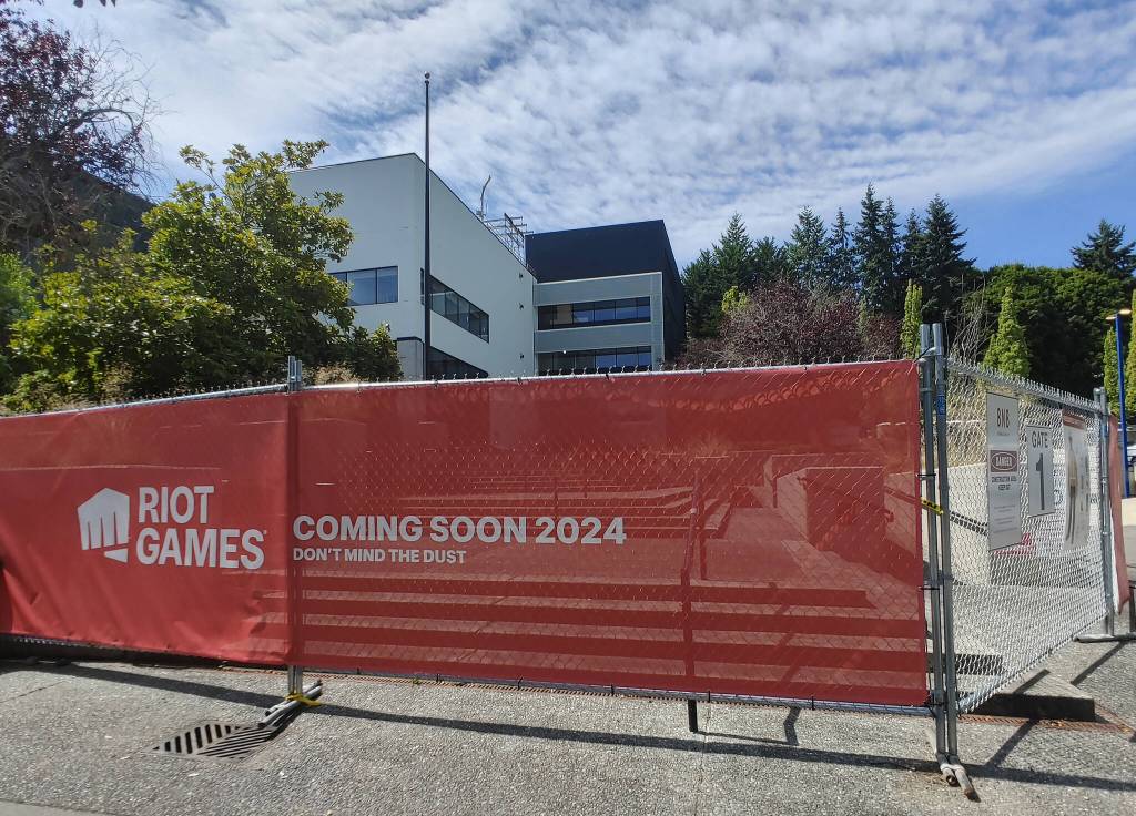 The Riot Games building peeks out from behind fencing at 3003 77th Ave. SE. Andy Nystrom/ staff photo